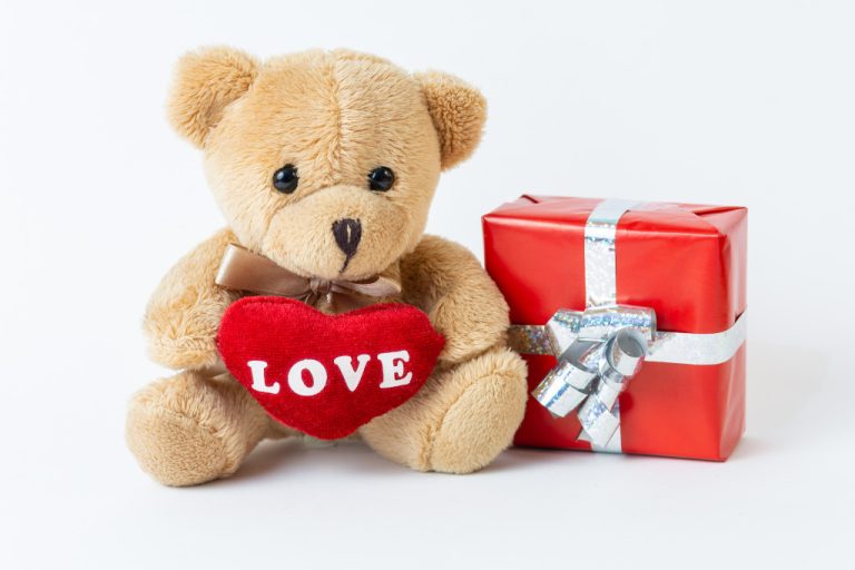 Love teddy bear and red-wrapped gift